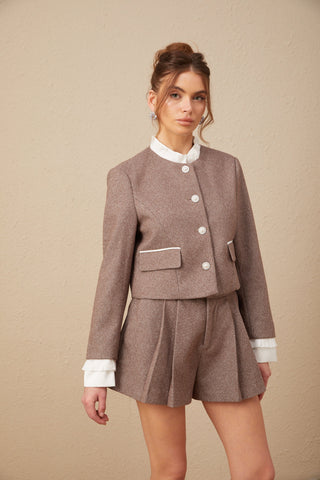 Libbie Wool Frilled Jacket and Culottes Set — Brown