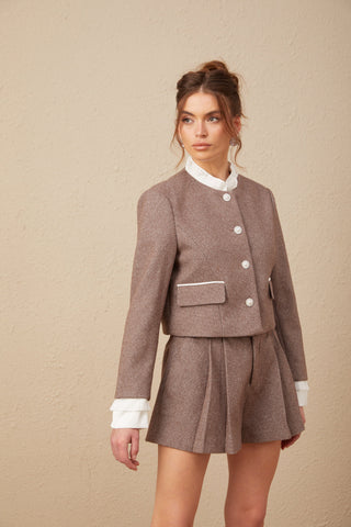 Libbie Wool Frilled Jacket and Culottes Set — Brown