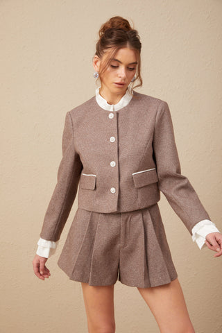 Libbie Wool Frilled Jacket and Culottes Set — Brown