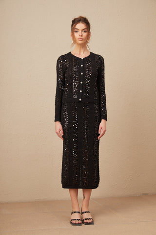 Ophelie Sequined Crochet-Knit Cardigan and Skirt Set — Black