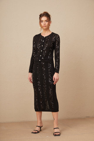Ophelie Sequined Crochet-Knit Cardigan and Skirt Set — Black
