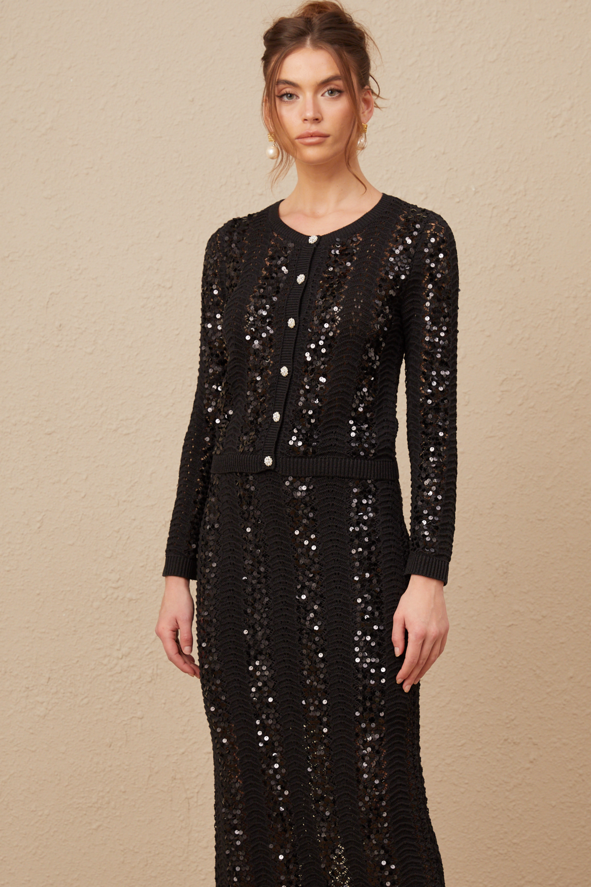 Ophelie Sequined Crochet-Knit Cardigan and Skirt Set — Black