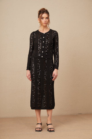 Ophelie Sequined Crochet-Knit Cardigan and Skirt Set — Black