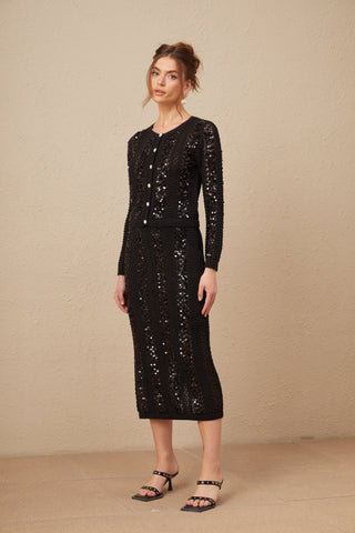 Ophelie Sequined Crochet-Knit Cardigan and Skirt Set — Black
