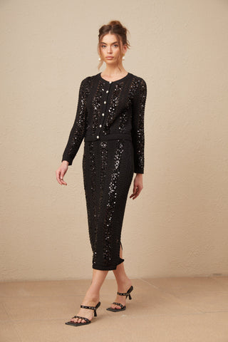 Ophelie Sequined Crochet-Knit Cardigan and Skirt Set — Black