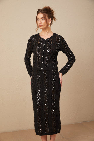 Ophelie Sequined Crochet-Knit Cardigan and Skirt Set — Black