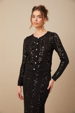 Ophelie Sequined Crochet-Knit Cardigan and Skirt Set — Black
