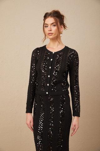 Ophelie Sequined Crochet-Knit Cardigan and Skirt Set — Black