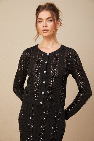 Ophelie Sequined Crochet-Knit Cardigan and Skirt Set — Black