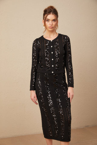 Ophelie Sequined Crochet-Knit Cardigan and Skirt Set — Black
