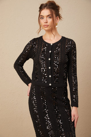 Ophelie Sequined Crochet-Knit Cardigan and Skirt Set — Black