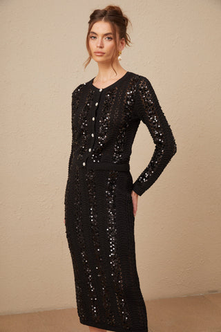 Ophelie Sequined Crochet-Knit Cardigan and Skirt Set — Black