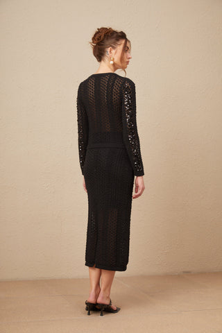 Ophelie Sequined Crochet-Knit Cardigan and Skirt Set — Black