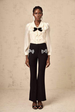 Gelsomina Studded Bow-Detail Flared Trousers — Black
