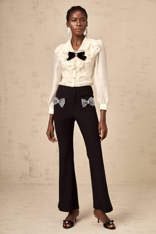 Gelsomina Studded Bow-Detail Flared Trousers — Black
