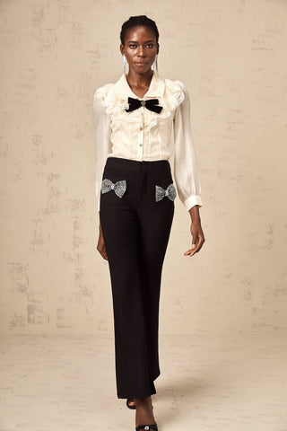 Gelsomina Studded Bow-Detail Flared Trousers — Black