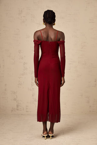 Céleste Semi-Sheer Lace Corset Midi Dress — Red