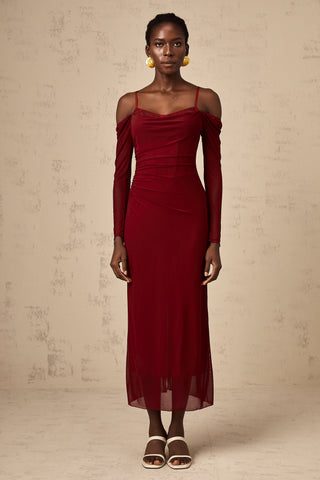 Céleste Semi-Sheer Lace Corset Midi Dress — Red