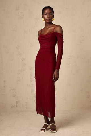 Céleste Semi-Sheer Lace Corset Midi Dress — Red