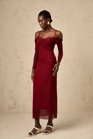Céleste Semi-Sheer Lace Corset Midi Dress — Red