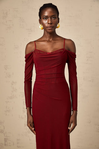Céleste Semi-Sheer Lace Corset Midi Dress — Red