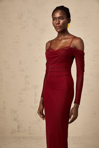 Céleste Semi-Sheer Lace Corset Midi Dress — Red