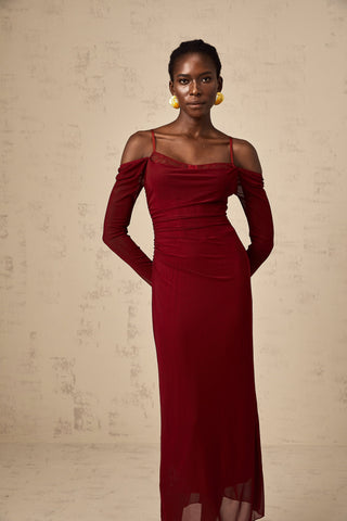 Céleste Semi-Sheer Lace Corset Midi Dress — Red