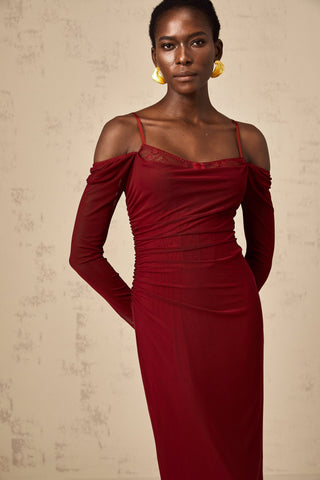 Céleste Semi-Sheer Lace Corset Midi Dress — Red