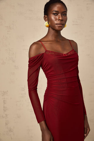 Céleste Semi-Sheer Lace Corset Midi Dress — Red