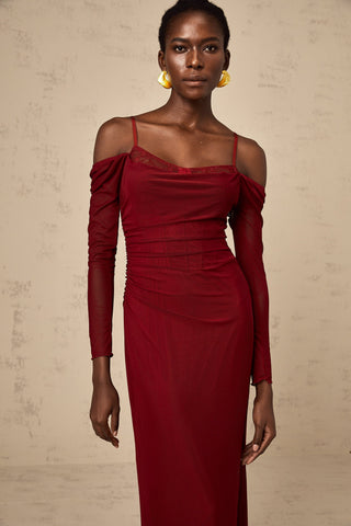 Céleste Semi-Sheer Lace Corset Midi Dress — Red