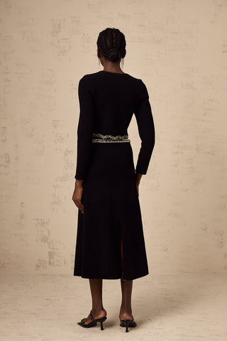 Magali Embellished Knit Cardigan and Skirt Set — Black