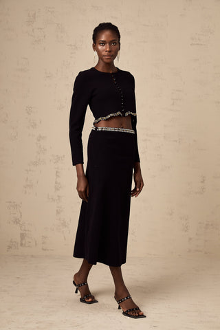 Magali Embellished Knit Cardigan and Skirt Set — Black