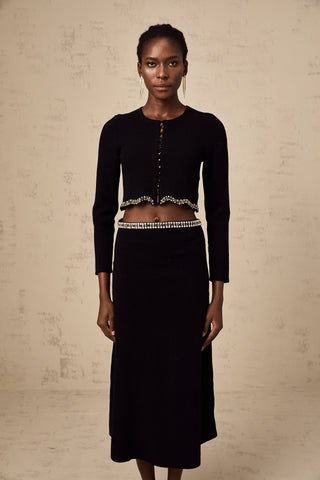 Magali Embellished Knit Cardigan and Skirt Set — Black