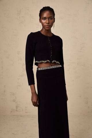 Magali Embellished Knit Cardigan and Skirt Set — Black