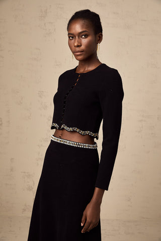 Magali Embellished Knit Cardigan and Skirt Set — Black