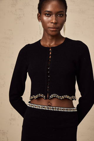 Magali Embellished Knit Cardigan and Skirt Set — Black
