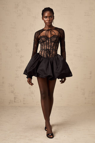 Louise Floral Lace Vest and Corset Dress Set — Black