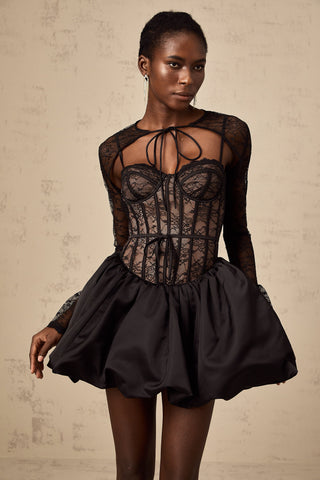 Louise Floral Lace Vest and Corset Dress Set — Black