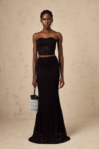 Tiziana Floral Lace Corset Top and Skirt Set — Black