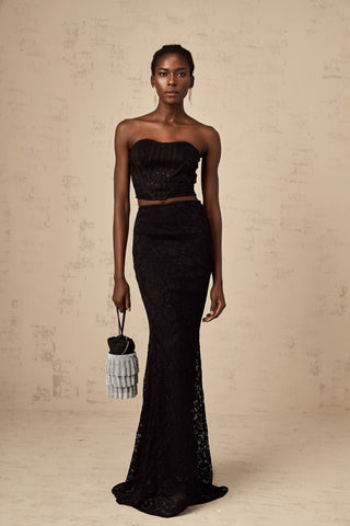 Tiziana Floral Lace Corset Top and Skirt Set — Black