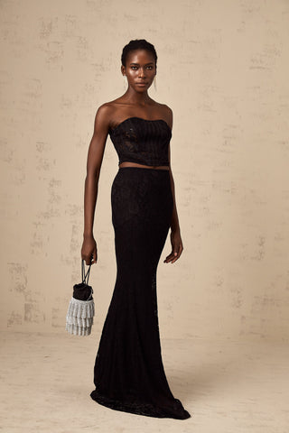 Tiziana Floral Lace Corset Top and Skirt Set — Black