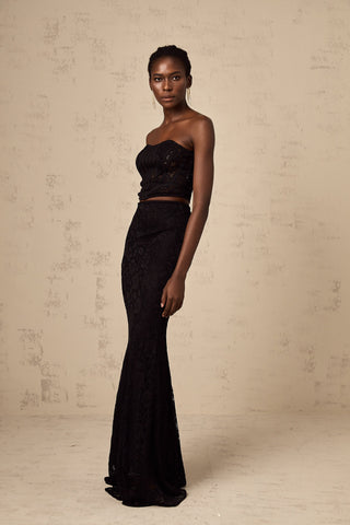 Tiziana Floral Lace Corset Top and Skirt Set — Black