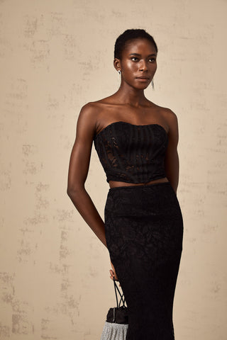 Tiziana Floral Lace Corset Top and Skirt Set — Black