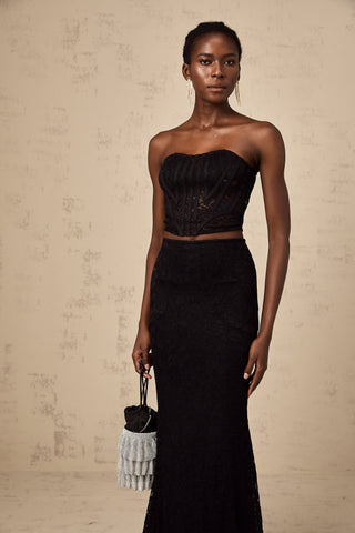Tiziana Floral Lace Corset Top and Skirt Set — Black