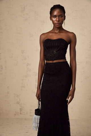 Tiziana Floral Lace Corset Top and Skirt Set — Black