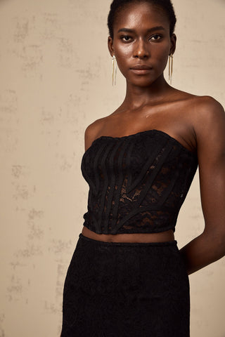 Tiziana Floral Lace Corset Top and Skirt Set — Black
