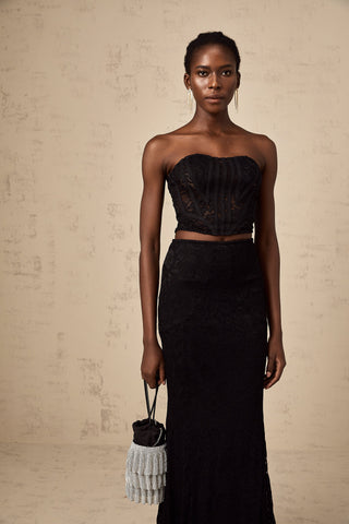 Tiziana Floral Lace Corset Top and Skirt Set — Black