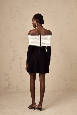 Justine Off-Shoulder Bow Knit Mini Dress — Black & White