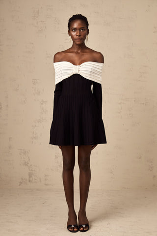 Justine Off-Shoulder Bow Knit Mini Dress — Black & White