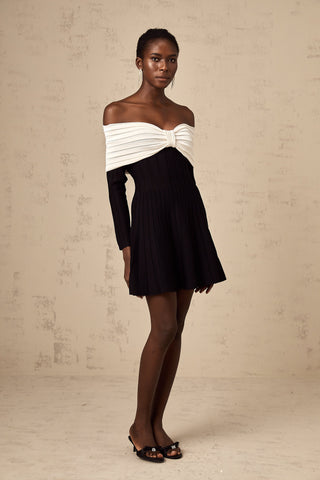Justine Off-Shoulder Bow Knit Mini Dress — Black & White
